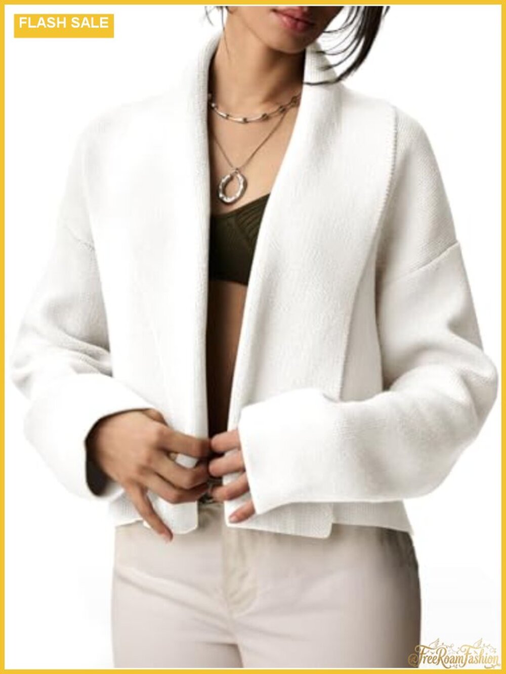 Womens Cropped Cardigan Sweater Open Front Lapel Collar Long Sleeve